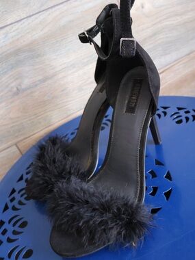 Forever 21 Black Fuzzy Strap Stiletto Sandals